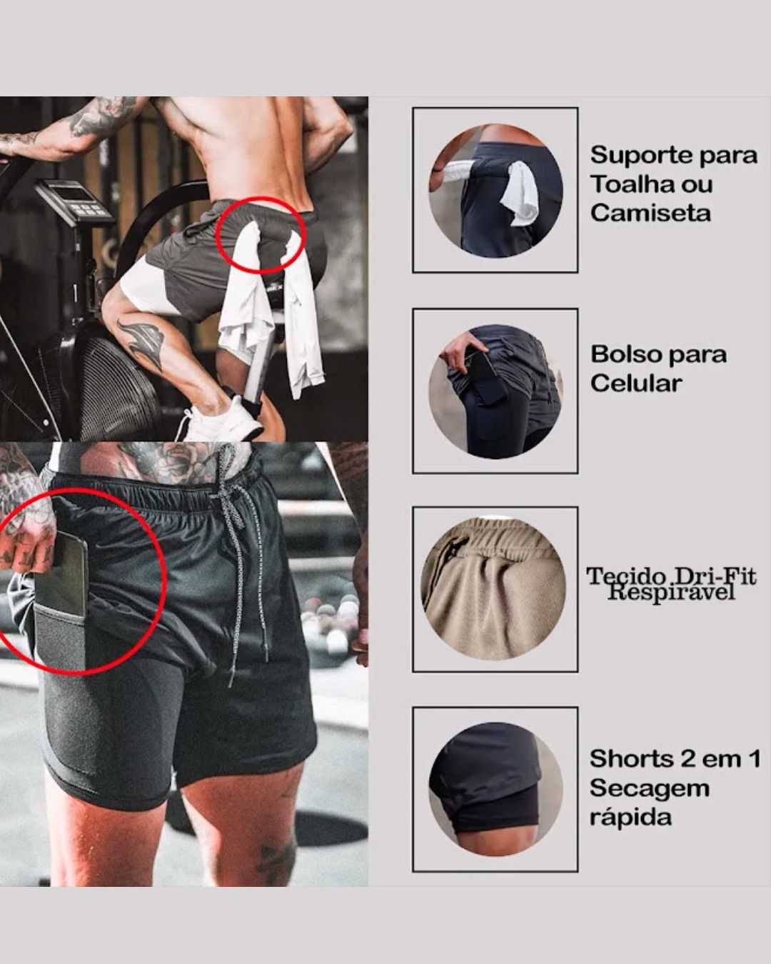 Kit 3 Shorts Compressão 2 em 1 Masculinos